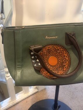 Green Shoulder Bag with Tan Embellished Medallion